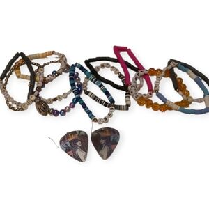 Bundle Of 12 Colorful Beaded Bracelets And Pair Of Earings.